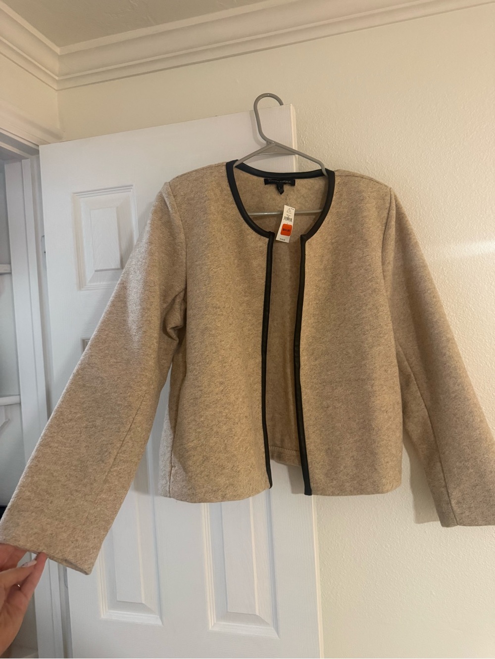 Women's Cream Beige Open-Front Jacket with Black Trim